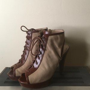 Leather and canvas lace up heeled sandals